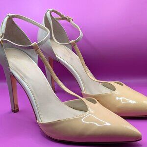 Calvin Klein Two Tone T-Strap Patent Leather Pumps - Taupe/Tan